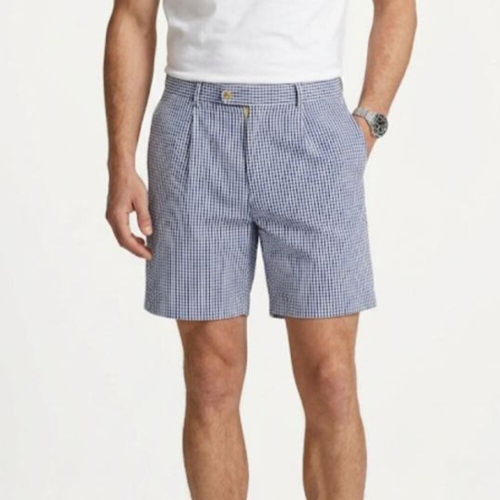 Polo Golf Ralph Lauren Mens Blue White Gingham Seersucker Pleated Shorts Sz 38